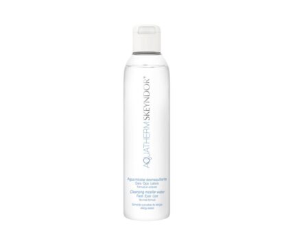 skeyndor | aquatherm micelinis vanduomicelinis terminis vanduo valo veido, akių ir lūpų makiažą bei nešvarumus. sudėtyje yra ndf drėkinantys ingredientai ir makadamijų riešutų aliejaus. 200 ml